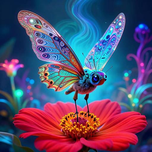 Vibrant digital artwork of a detailed, multicolored butterfly with intricate patterns, perched on a bright red flower against a whimsical, glowing