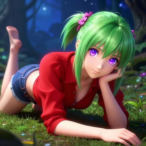 Digital anime-style artwork of a green-haired girl with purple eyes, wearing a red shirt and blue shorts, lying on grass in a magical forest at night