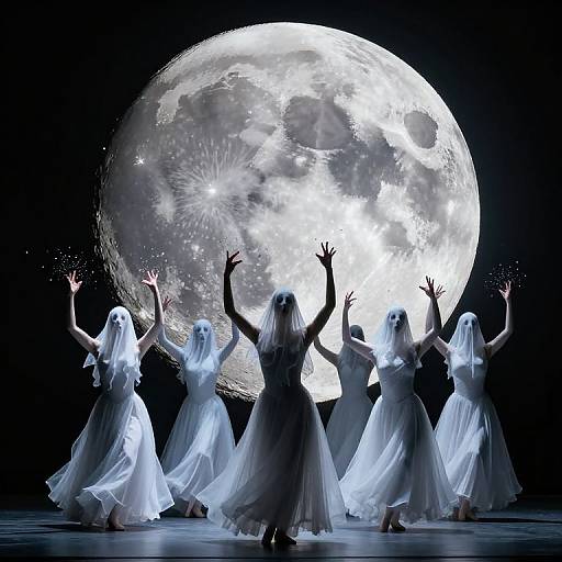 Photograph of five ghostly women in white dresses with veils, arms raised, facing a large, luminous full moon against a black background,