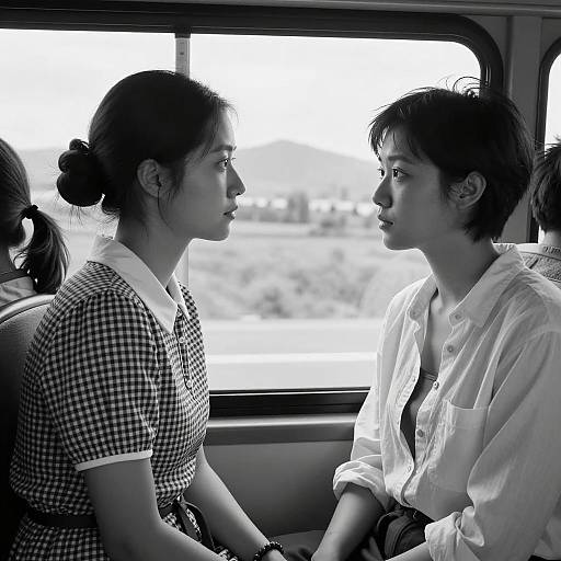 Black and white portrait of two women facing each other on a bus