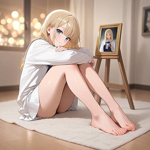 Blonde Girl Sitting on Carpet with Portrait
