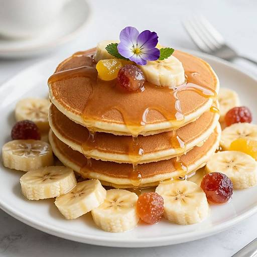 Photograph of a stack of golden-brown pancakes topped with banana slices, a purple flower, and red berries, drizzled with syrup, on