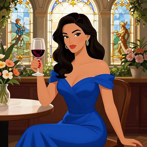 Digital illustration of a beautiful woman with wavy black hair, wearing an off-shoulder blue dress, holding a glass of red wine, seated in