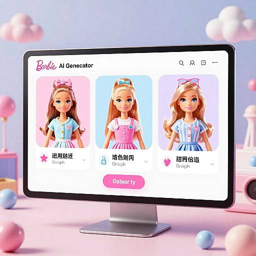 Photograph of a desktop screen displaying three Barbie dolls in pastel outfits, with Korean text and 