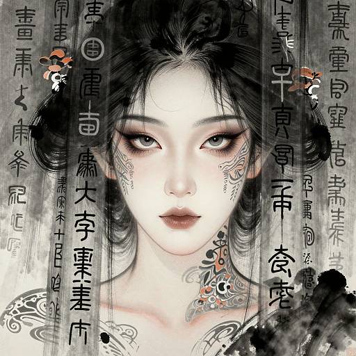 Digital art of a pale, Asian woman with black hair and intricate tattoos, intense eyes, surrounded by Japanese text, in a grayscale, ethereal style