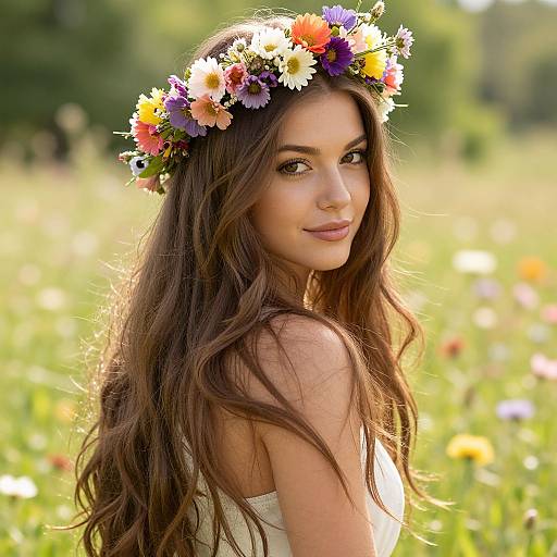 Photograph of a young woman with long brown hair, wearing a colorful flower crown, white strapless top, in a sunlit meadow.