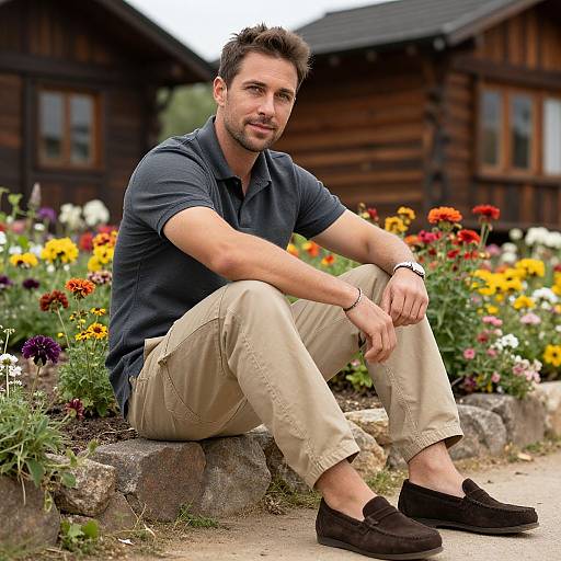 Photograph of a handsome, short-haired man with light skin, wearing a navy polo, beige pants, and black loafers, sitting outdoors on a