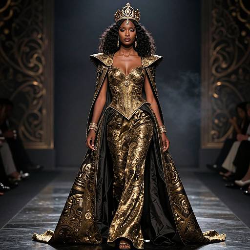 Photograph of a Black woman with curly hair, wearing a gold and black ornate gown, crown, and shoulder pads, walking down a dark,