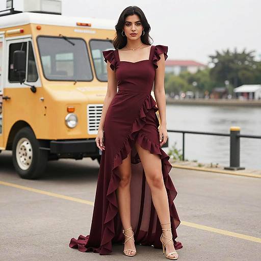 Pear-Shaped Woman in Asymmetrical Ruffle Dress