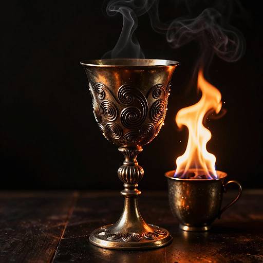 Photograph of an ornate, silver chalice with swirling patterns, emitting wisps of smoke, beside a small, glowing fire in a metal cup
