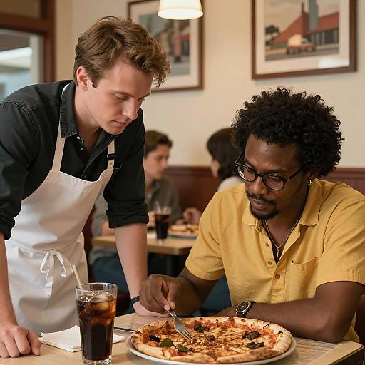 Man Choosing Pizza at Diner with Attentive Waiter