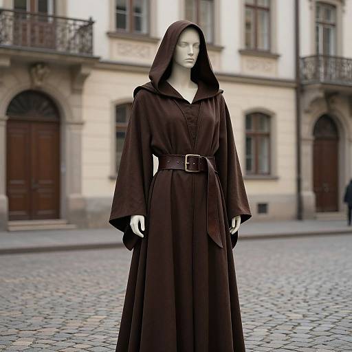 Photograph of a white-faced mannequin in a dark brown hooded cloak with a belt, standing on a cobblestone street in front of