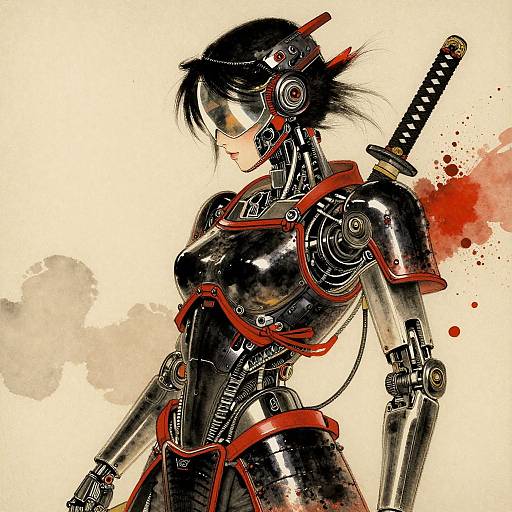 Digital anime-style drawing of a robotic, black-armored female warrior with short black hair, red accents, cybernetic eyes, and a katana