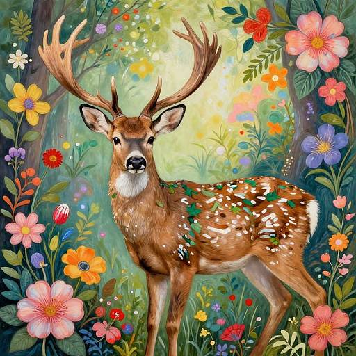 Vibrant digital illustration of a majestic deer with large antlers, surrounded by colorful flowers and lush greenery in a sunny forest.