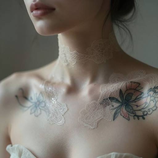Photograph of a fair-skinned woman with black hair, showing her neck and upper chest. She has lace choker and butterfly tattoos on her collar