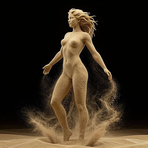 Digital artwork of a nude, blonde, athletic woman with small breasts, standing in sand, windblown hair, and sand swirling around her. Black