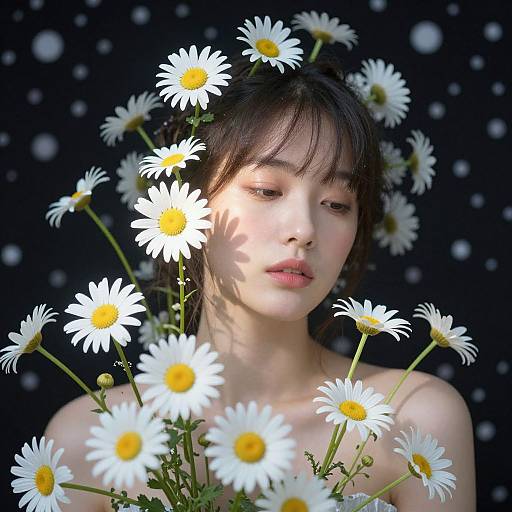 Photograph of an Asian woman with fair skin, black hair, and closed eyes, surrounded by white daisies with yellow centers, against a dark