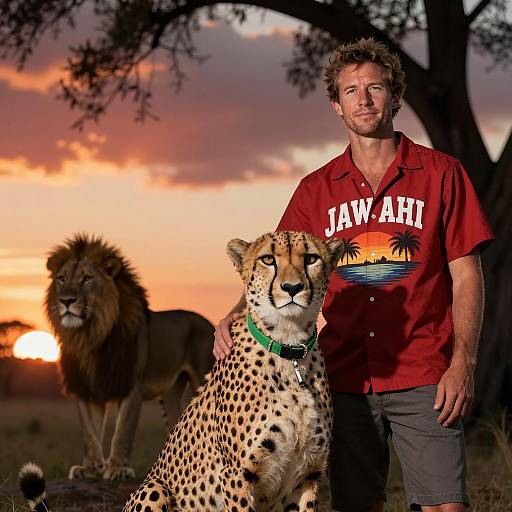 Sunset Scene: Man and Cheetah Together