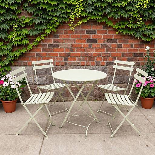 Photograph of a white metal garden table and four chairs, set against a red brick wall with green ivy, flanked by potted flowers.