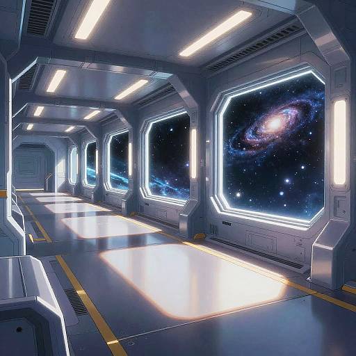 Digital artwork of a futuristic spaceship corridor with glowing hexagonal windows showing a vibrant galaxy, illuminated by bright overhead lights.