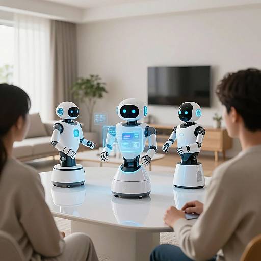 Photograph of a modern living room with three glowing, white, robotic humans on a white table, facing a seated person with dark hair. Bright room