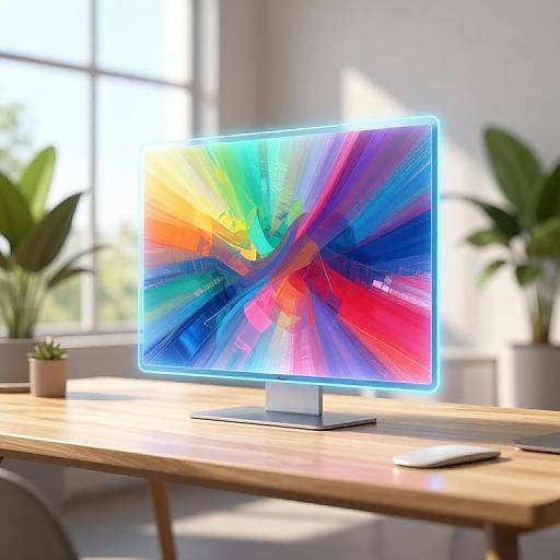 Photograph of a modern, illuminated monitor with vibrant, abstract rainbow colors on a wooden desk in a bright, sunlit room with potted plants in