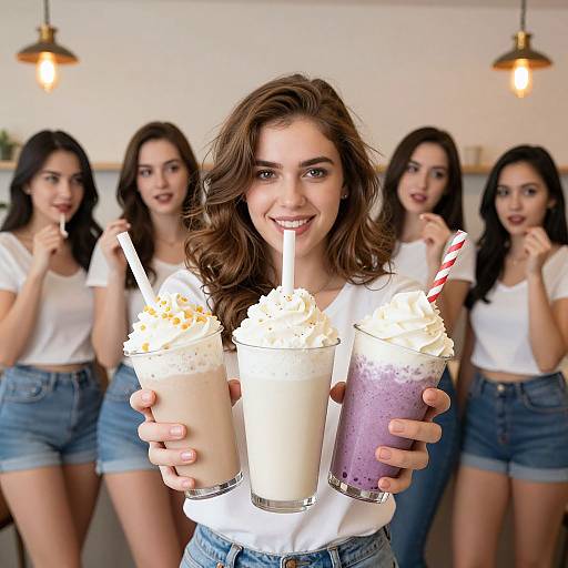 Photograph of a smiling brunette woman in white top and blue jeans, holding three colorful milkshakes with straws, four other women in white tops