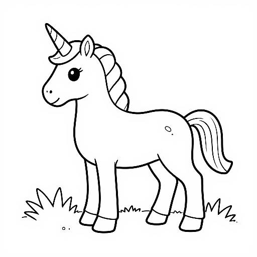 Black and white line drawing of a cute, cartoon-style unicorn with a single horn, large eyes, and a simple mane and tail, standing on grass