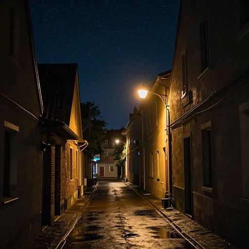 Photograph of a narrow, dimly lit, wet alley at night, with glowing street lamps, starry sky, and reflections on the cobble