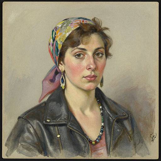 Realistic oil painting of a young woman with light skin, brown eyes, wearing a colorful headscarf, black leather jacket, necklace, and earrings