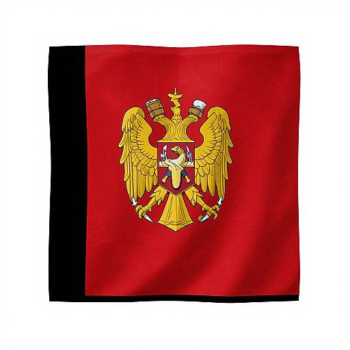 Photograph of the Moldovan flag, featuring a red background with a black vertical stripe on the left, and a golden double-headed eagle with a crown