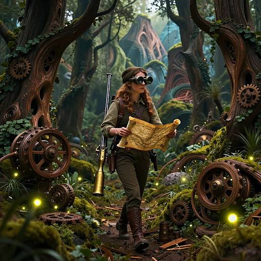Fantasy forest scene: Adventurer with glasses, green outfit, and map, holding gun, surrounded by glowing fireflies, giant gears, and moss
