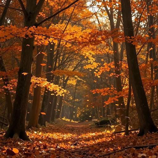 Photograph of a sunlit autumn forest with tall trees, vibrant orange leaves, and a leaf-covered path, creating a warm, golden glow.