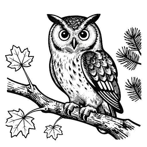 Woodblock Style Owl Line Art
