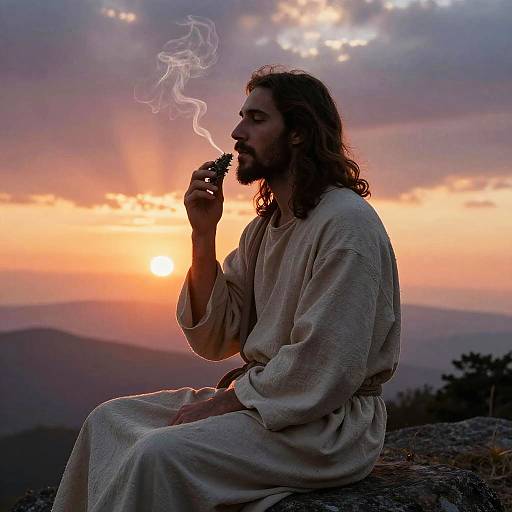 Photograph of a bearded, long-haired man in a white robe smoking a cigarette at sunset, with colorful clouds and distant mountains.