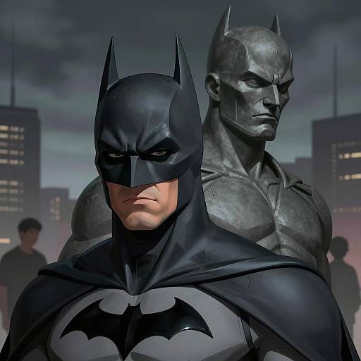 Batman Stands Guard Against Grayscale Statue