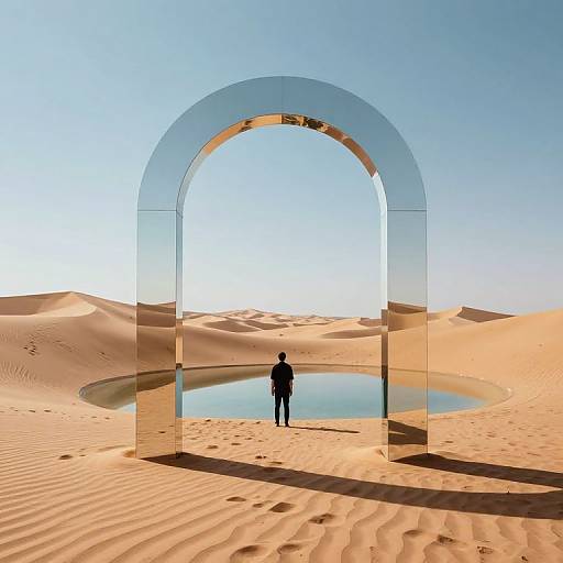 Silhouette of a person standing under a transparent glass arch in a sunlit desert with rippled sand and a small pool.