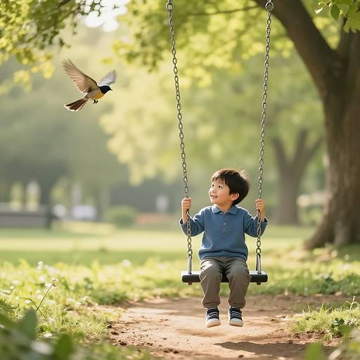 Boy on Swing with Bird