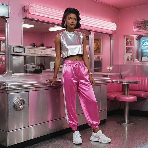 Fashion Model in Silver Crop Top and Pink Track Pants