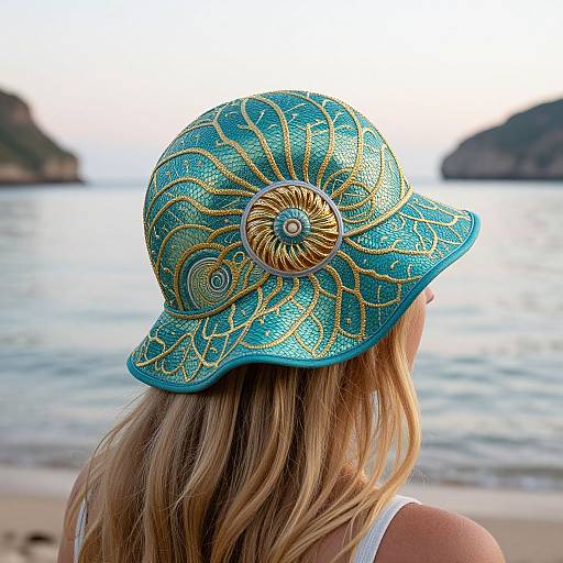 Photograph of a blonde woman from behind, wearing a turquoise hat with intricate gold patterns and a large central spiral, standing on a beach with calm ocean