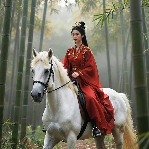 Photograph of an Asian woman in a red traditional dress, with black hair in an updo, riding a white horse in a misty bamboo forest