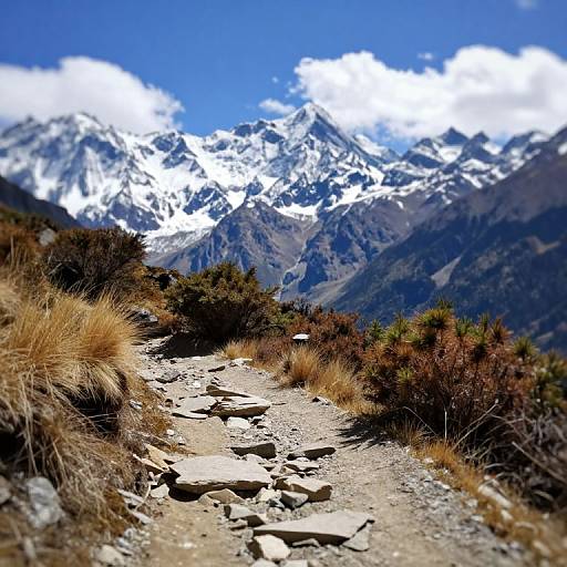 Photograph of a rocky mountain trail with dry grass, leading to snow-capped peaks under a bright blue sky with white clouds.
