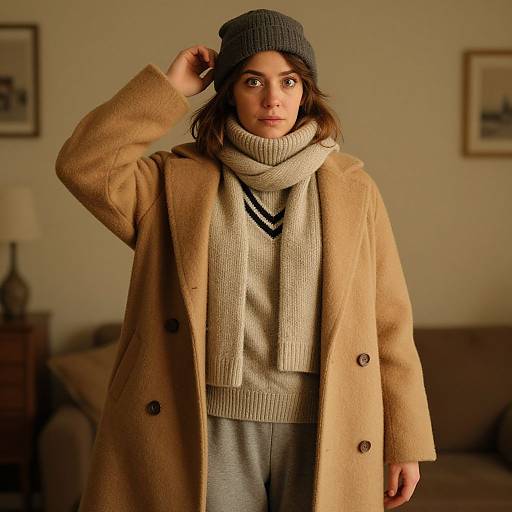 Photograph of a young woman with medium skin tone, brown eyes, and wavy brown hair, wearing a beige coat, gray beanie, cream