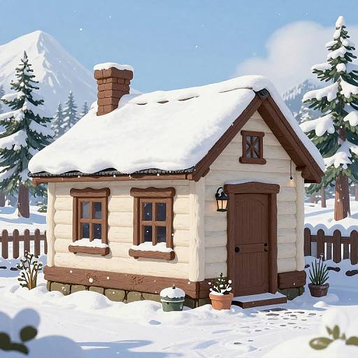Digital illustration of a snow-covered wooden cottage with a brick chimney, brown door, and window, surrounded by snow-laden pine trees and a wooden fence
