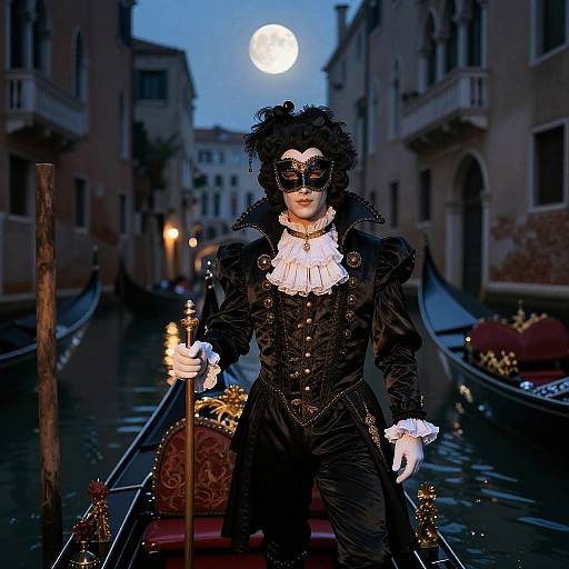 Moonlit Masked Venetian Noble in Canal