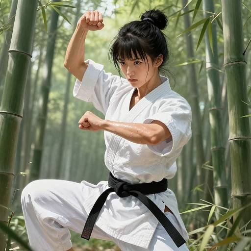 Photograph of an Asian woman with black hair in a bun, wearing a white karate gi and black belt, practicing a karate stance among tall