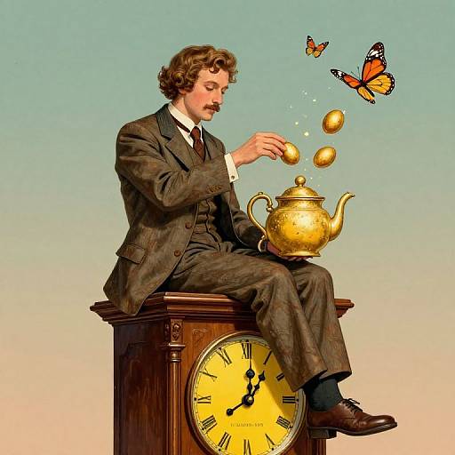 Photograph-style illustration of a mustached man in a brown suit, sitting on a wooden clock, making golden teacups appear with a golden te