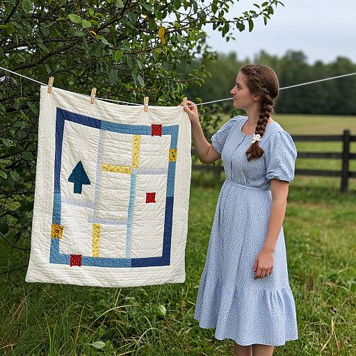 Farmwoman with Handmade Quilt Outdoors