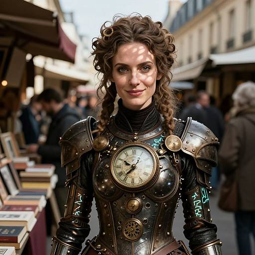 Photorealistic CGI of a curly-haired woman in medieval-style, clock-embellished armor, smiling in a bustling outdoor market with blurred shoppers and