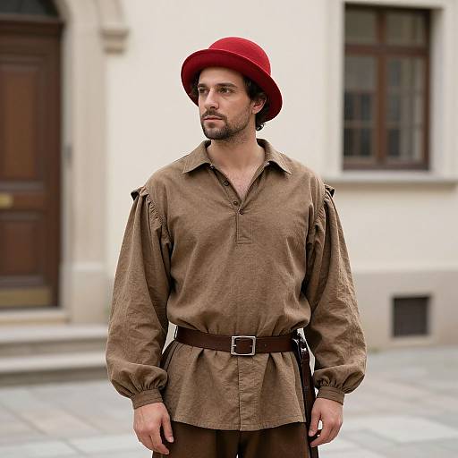 Photograph of a bearded man with olive skin wearing a red hat, brown medieval-style shirt, and belt, standing in front of a historic building